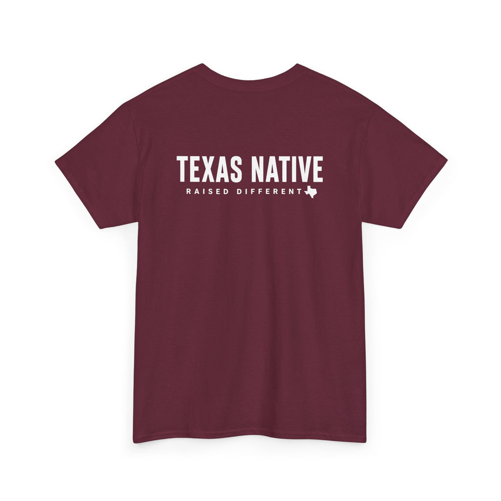 Texas Native T-Shirt — 'Raised Different' Graphic Tee (Maroon)